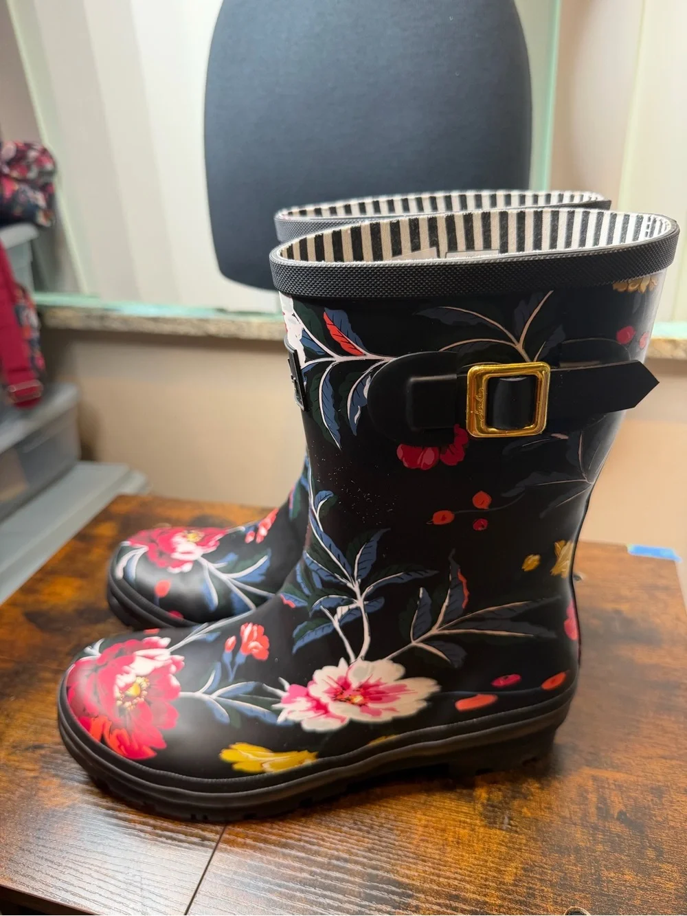 Joules Women's Black Floral Rain Boots - Pink & Yellow Flowers Size 11